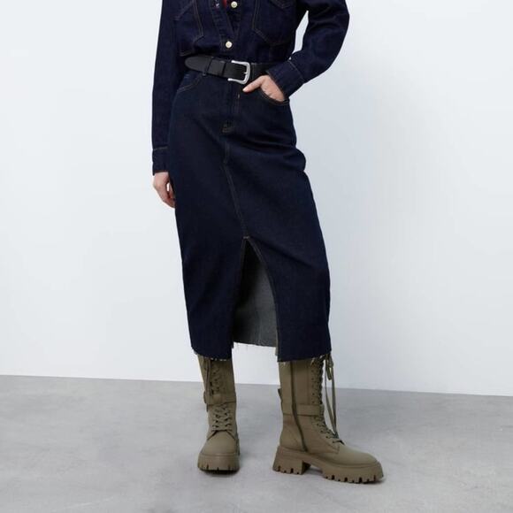 ZARA BLOGGER FAVORITE WAXED FINISH LACED BOOTS 10 army green combat viral TikTok - Picture 9 of 14